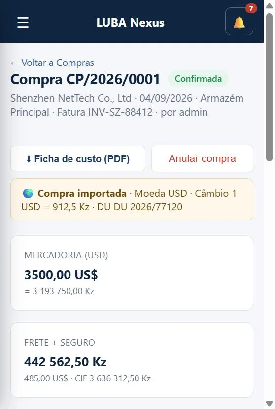 Compra importada — decomposição do custo real (câmbio, frete, seguro e imposto)