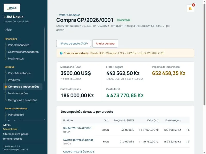 Compra importada — decomposição do custo real (câmbio, frete, seguro e imposto)