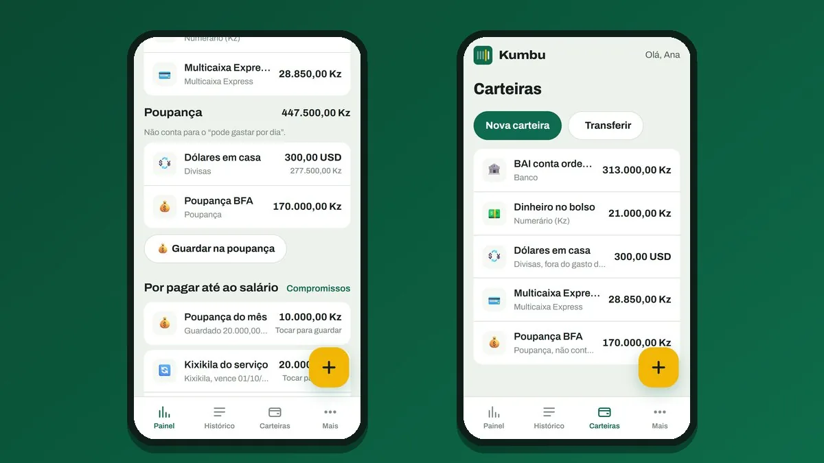 Contas, kixikila e poupança reservadas; todas as carteiras num só lugar