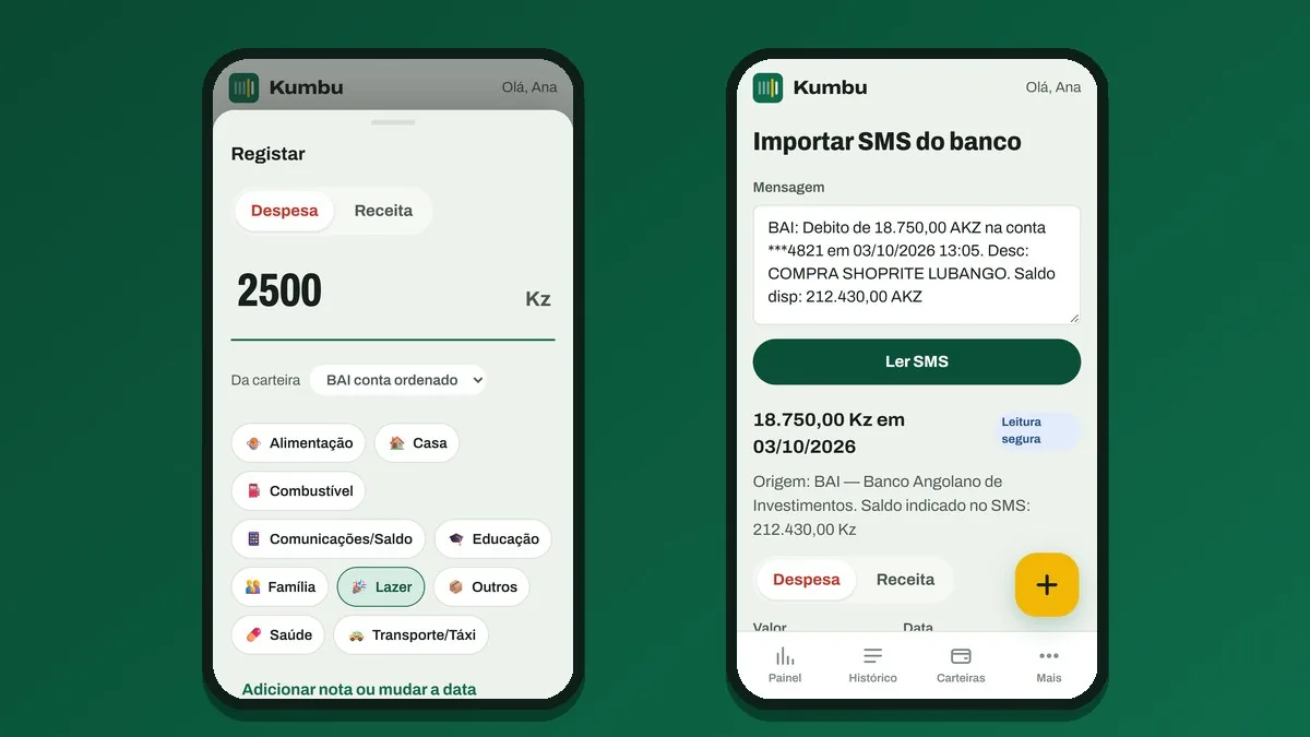 Registo em 3 segundos e importação do SMS do banco